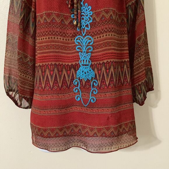 Joy Joy Bohemian Hippie Festival Colorful Boho Embroidered Red Peasant Blouse M - Picture 3 of 11